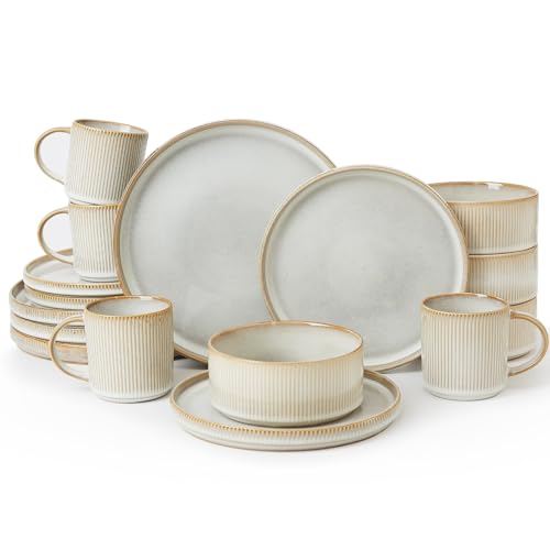 Famiware Star Dinnerware Sets with Mugs, Ceramic Plates and Bowls Set for 4 | 16-Piece Stoneware Dishes. Chip & Scratch Resistant. Microwave & Dishwasher Safe, Everyday & Formal Dining, Cappuccino White - color: Cappuccino White, size: Service for 4 with