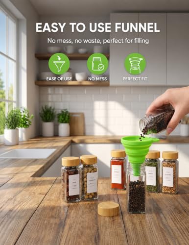 Spice Jar Set, 24 Pcs 4oz Glass Spice Jars with Labels and Bamboo Lids, Square Spice Bottles with Shaker Lids for Cabinet, Drawer, Pantry and Spice Rack Organization