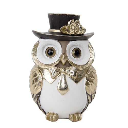 Owl Decor for Bookshelf Table Resin Owl Statue with Black Top Hat & Golden Rose Accents for Home Office Whimsical Small Animal Figurine Bird Lover Gifts - color: Gold