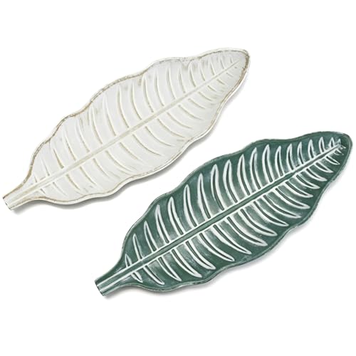 Wooden Leaf Platter for Entryway Table - Key & Accessories Tidy Tray Desktop - Jewelry Dish for Desktop Organizing - 2pcs 16 Inch Decorative Storage Trays in Rustic White & Green Color - color: Leaf Tray White Green