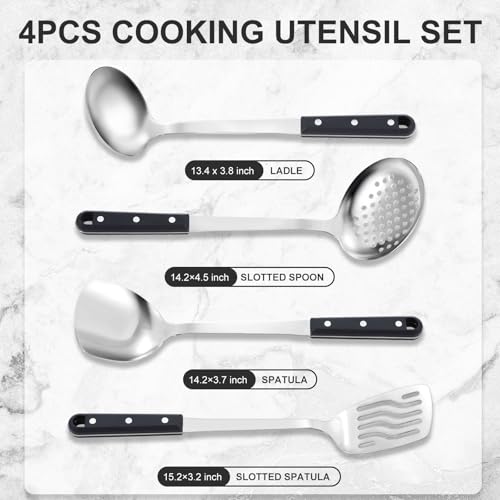Pleafind 4-Pcs Cooking Utensils Set, Stainless Steel Kitchen Utensils, Mirror Polished Kitchen Essentials Set Include Wok Ladle, Slotted Spoon, Wok Spatula ＆Slotted Spatula, Dishwasher Safe - color: 4P-Grey