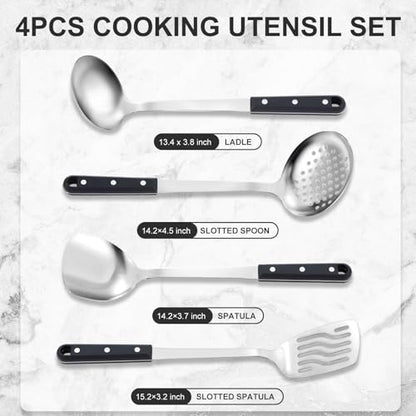 Pleafind 4-Pcs Cooking Utensils Set, Stainless Steel Kitchen Utensils, Mirror Polished Kitchen Essentials Set Include Wok Ladle, Slotted Spoon, Wok Spatula ＆Slotted Spatula, Dishwasher Safe - color: 4P-Grey