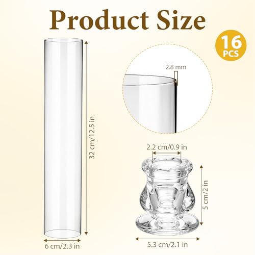16 Set Clear Glass Hurricane Candle Holders, 12.5" Open Ended Bottomless Windproof Cylinder & 2.1" Taper Candlestick Holders for Wedding Party Home Hotel Decor