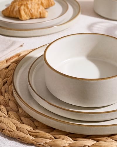 Famiware Nebula 12-Piece Dinnerware Set, Matte Beige White with Brown Rim | Stoneware Plates and Bowls, Handmade Reactive Glaze, Microwave & Dishwasher Safe, Chip & Scratch Resistant - color: Matte Beige White with Brown Rim, size: Service for 4 (Standard