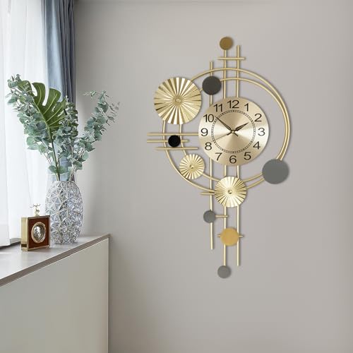Metal Wall Clock Luxury Decorative Art Clock Modern Silent Wall Clock Battery Powered Round Wall Decor Clocks for Home Living Room Bedroom Kitchen Office Decoration, Gold