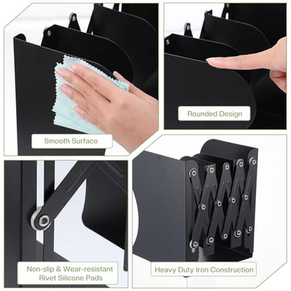 2PCS Heavy Duty Metal Bookends, Adjustable Book Organizer for Shelves & Desk with Non-Slip Pads, 3 Compartments, Extends up to 19 inches, Office & Home Use (Black)