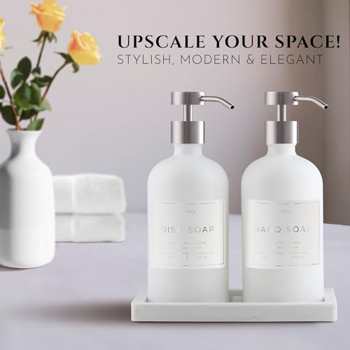 Glass Soap Dispenser Set of 2 (White) with Silicone Tray | Hand and Dish Soap Dispenser for Kitchen and Bathroom | 16.8 Oz Glass Bottles with Stainless Steel Pump & 15 Waterproof Labels (White/Silver) - color: White/Silver