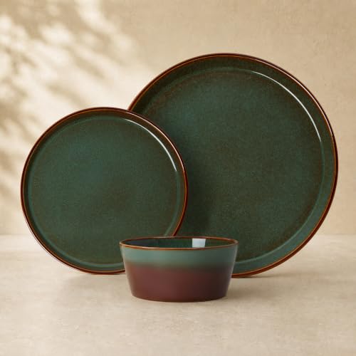 Plates and Bowls Sets for 4, Ceramic Dinnerware Sets, Kitchen Dish Set, Microwave & Dishwasher Safe Dishware, Highly Durable Hand Glazed Dinner Set, Brown Green - color: Brown Green, size: Service for 4-12Pcs