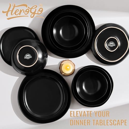 Herogo Stoneware Dinnerware Sets for 8, 24 Piece Ceramic Dinner Dishes Set, Irregular Handmade Plates and Bowls Dishware, Crack and Scratch Resistant, Reactive Glaze, Matte Black - color: Matte Black, size: 8 Set (24pcs)
