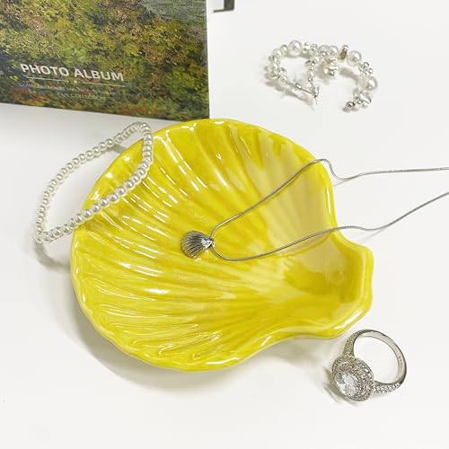 Shell Trinket Dish, Ceramic Jewelry Dish Tray, Cute Organizer Plate for Jewelry, Seashell Jewelry Ring Holder, Birthday Mother's Day Christmas Gift for Women, 3.9", Bright Yellow Iridescent Surface - color: Bright Yellow