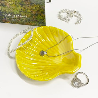 Shell Trinket Dish, Ceramic Jewelry Dish Tray, Cute Organizer Plate for Jewelry, Seashell Jewelry Ring Holder, Birthday Mother's Day Christmas Gift for Women, 3.9", Bright Yellow Iridescent Surface - color: Bright Yellow