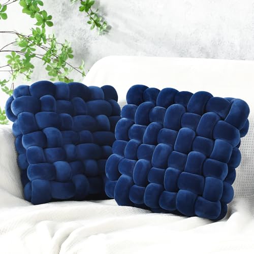 Wenqik 2 Pcs Knot Pillows Square Knotted Plush Throws Soft Accent Pillows Decoration Cushion for Couch Home Office Living Room Bedroom Bed Sofa Decor, 12'' x 13''(Navy Blue,Crystal Velvet) - color: Navy Blue