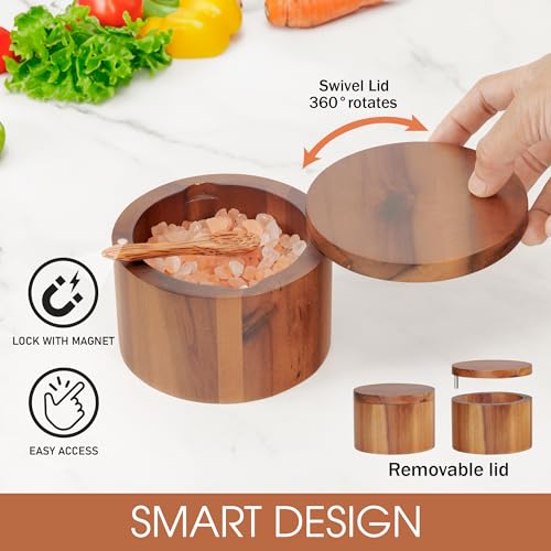 Demigo Acacia Wood Salt Cellar with Spoon, 9 oz Salt Box with Swivel Lid | Salt Jar, Wooden Salt Keeper & Seasoning Storage for Kitchen Counter, Holds Table Salt, Sea Salt, Herbs, Pepper & Sugar - color: Acacia - Salt Box with Spoon