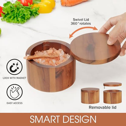 Demigo Acacia Wood Salt Cellar with Spoon, 9 oz Salt Box with Swivel Lid | Salt Jar, Wooden Salt Keeper & Seasoning Storage for Kitchen Counter, Holds Table Salt, Sea Salt, Herbs, Pepper & Sugar - color: Acacia - Salt Box with Spoon