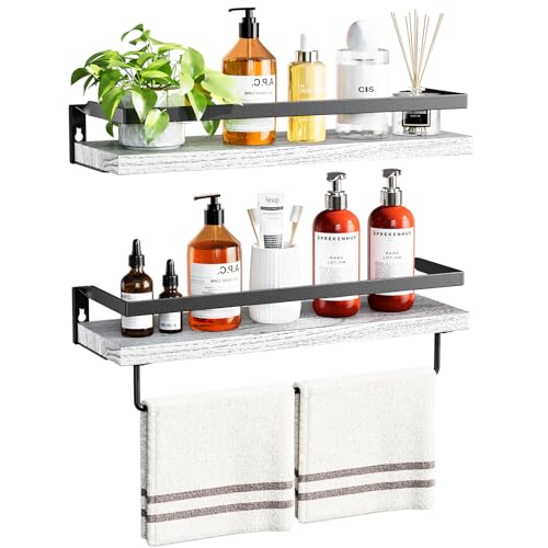 Amada Bathroom Shelves with Towel Bar, Set of 2, White | Floating Shelves with Detachable Towel Bar, Protective Metal Guards, Paulownia Wood, Bathroom, Living Room & Kitchen Storage - color: White