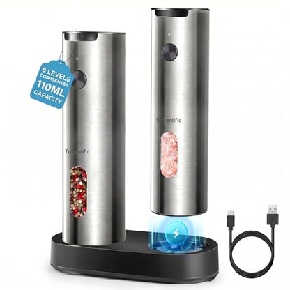 Electric Salt and Pepper Grinder Set with Rechargeable Base - Upgraded Large Capacity, Refillable Pepper Mill Set with LED Light & Adjustable Coarseness, Ideal for Kitchen, Outdoor (Polished Silver) - color: Polished Silver