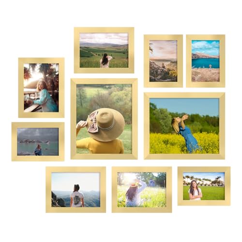 iRahmen Collage Picture Frames Set of 10, Wall Decor for Mounting or Tabletop Display, Family Photo Gallery Frame Set - Multi Sizes Including Two 8x10, Four 5x7, Four 4x6, HD Glass, Wooden, Gold - color: Gold