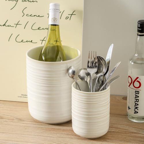 HASENSE Cooking Utensil Holder, 7.4"+5.5" Ceramic Kitchen Utensil Holder for Counter, Rustic Utensil Oganizer Crocks for Spatula, Ice Bucket Gift for Dad, Set of 2, Clay-Infused White - color: Clay-Infused White(2 pcs)