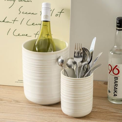 HASENSE Cooking Utensil Holder, 7.4"+5.5" Ceramic Kitchen Utensil Holder for Counter, Rustic Utensil Oganizer Crocks for Spatula, Ice Bucket Gift for Dad, Set of 2, Clay-Infused White - color: Clay-Infused White(2 pcs)