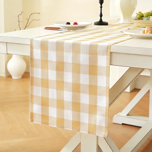 Laolitou Yellow Checkered Table Runner, Cotton Linen Gingham Table Runners, Classic Buffalo Plaid Farmhouse Table Decor, 13x72 Inches - color: Yellow, size: 72" x 13" (Rectangular)