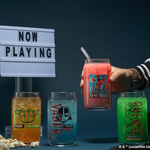 JoyJolt Star Wars Now Playing Collection Tumblers, 16.9oz Classic Can Shape Glass Tumbler Set of 4 w/Glass Straws - style: Star Wars
