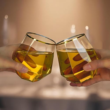 Goodluck 40PCS 12oz Diamond Stemless Plastic Wine Whiskey Glasses,Gold Rim | Disposable Cocktail Glasses, Suitable for Weddings, Birthday Parties, Family Gatherings, Bars, etc - color: Clear and Gold