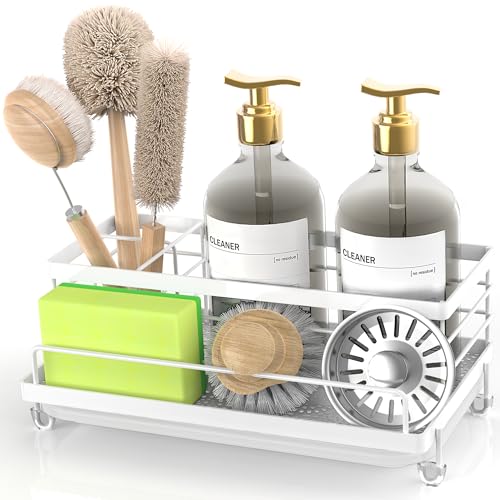 Cisily Sponge Holder for Kitchen, Sink Caddy Organizer, Kitchen Sink Accessories with Drip Tray, Rustproof and Non-slip Kitchen Sink Sponge Holder (White) - color: White