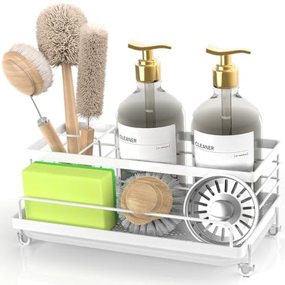 Cisily Sponge Holder for Kitchen, Sink Caddy Organizer, Kitchen Sink Accessories with Drip Tray, Rustproof and Non-slip Kitchen Sink Sponge Holder (White) - color: White