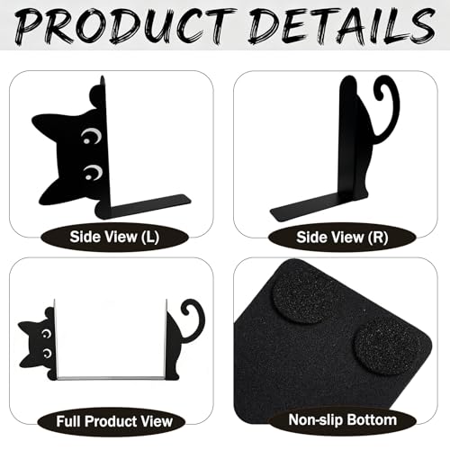 Peekaboo Cat Bookends for Shelves, Black Metal Decorative Book Ends, Heavy Duty Book Stoppers for Home & Office Desk, Ideal Gift for Cat Lovers & Book Lovers - style: Cute Cat