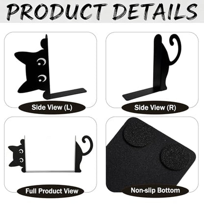 Peekaboo Cat Bookends for Shelves, Black Metal Decorative Book Ends, Heavy Duty Book Stoppers for Home & Office Desk, Ideal Gift for Cat Lovers & Book Lovers - style: Cute Cat