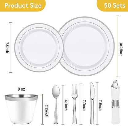 350 Piece Silver Plastic Dinnerware Set for 50 Guests | Disposable Dinnerware Includes: 50 Dinner Plates, 50 Dessert Plates, 50 Pre Rolled Napkins with Silver Silverware, 50 Cups - color: Silver, style: 350 Piece (50 guests)