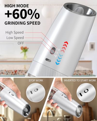 CIRCLE JOY Gravity Electric Salt and Pepper Grinder Set with 2-Speed, Rechargeable Salt and Pepper Grinder Set, Adjustable Coarseness, Whiet LED Light - color: Silver Variable Speeds, size: KYMQ + Rechargeable