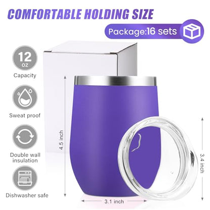 Remagr 16 Pack Stainless Steel Wine Tumblers 12 oz Insulated Vacuum Wine Cup Set Double Wall Stainless Steel Stemless Mug Glasses for Coffee Soda Whiskey Outdoor Travel (Purple) - color: Purple