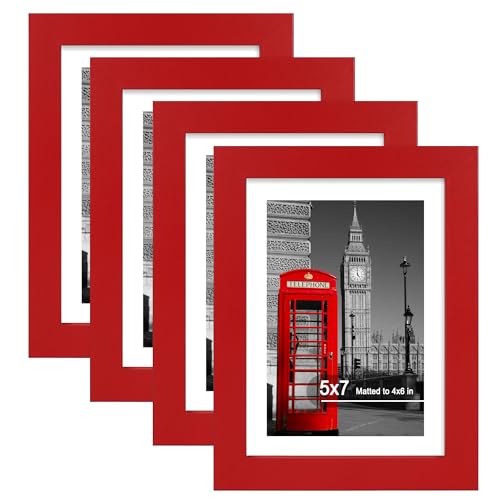 Hongkee 5x7 Picture Frame (4 Pack, Red) Made of Real Glass and Wooden Frame - Display Pictures 4x6 with Mat or 5x7 Without Mat, 5 by 7 Photo Frames TableTop Display and Wall Mounting - color: Red, size: 5x7 in