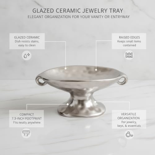 Glazed Ceramic Jewelry Tray for Vanity, Dresser, or Entryway Organization - Silver