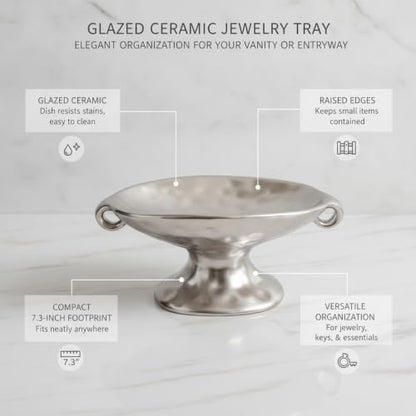 Glazed Ceramic Jewelry Tray for Vanity, Dresser, or Entryway Organization - Silver