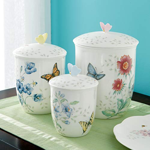 Lenox Butterfly Meadow 3-Piece Canister Set, 6.60 LB, Multi | dishwasher safe | floral design | condiment containers with lids, gift for women, kitchen storage gift - style: Round Canisters, Set of 3