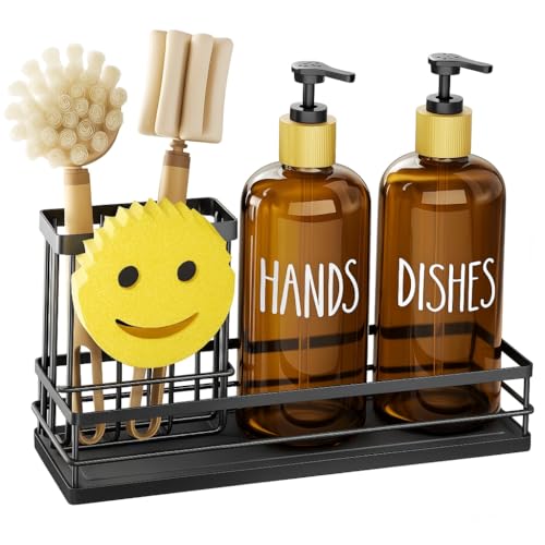 Moforoco Kitchen Dish Soap Dispenser Set, 16OZ Glass Bottle, Hand and Dish Soap Dispenser Set, Instant Dry Tray, Brush Holder with Smiley Face Sponge Holder (Black Tray+Amber Bottle) - color: Black Tray+amber Bottle
