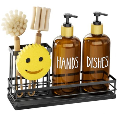 Moforoco Kitchen Dish Soap Dispenser Set, 16OZ Glass Bottle, Hand and Dish Soap Dispenser Set, Instant Dry Tray, Brush Holder with Smiley Face Sponge Holder (Black Tray+Amber Bottle) - color: Black Tray+amber Bottle