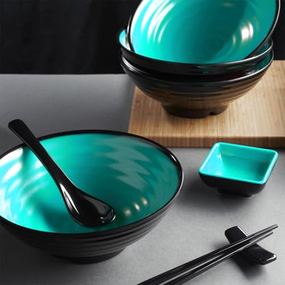 Unbreakable Ramen Bowl Set with Chopsticks and Spoon: 2 large Japanese Style Melamine Ramen Bowls, Dipping Bowls and Chopstick Stands for Asian Pho Soup Thai Miso Udon Wonton (2 Bowl Set, Teal-Black) - color: Teal & Black, size: 2 Bowl Set
