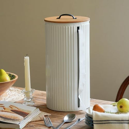Metal Paper Towel Holder, Weighted Base with Suction Cups | Embossed with Wooden Lid, Easy Tear Roll Dispenser for Kitchen Counter, Bars, Dining Tables - color: Vertical Stripe White