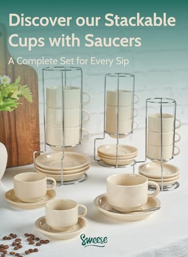 Sweese Porcelain Espresso Cups Set, 2.5 oz, Stackable with Saucers Metal Stand, Beige, 4 Pack - color: Beige, size: 2.5 Ounces