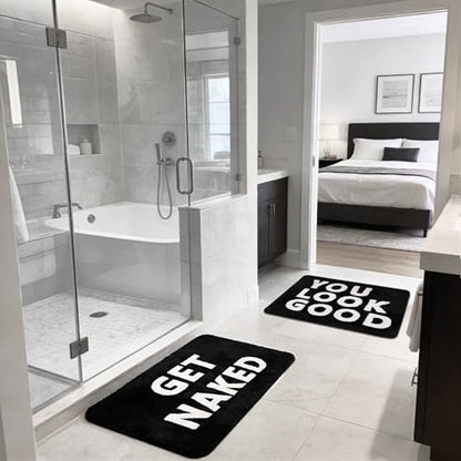 2PCS Get Naked Bath Mat & You Look Good Bath Rug, Funny Bathroom Rug Set | Black-and-White Microfiber Rugs, 16 X 24 In Each; Absorbent Pile, Non-Slip TPR Backing, Machine Washable For Samll Bathrooms - color: Black and White