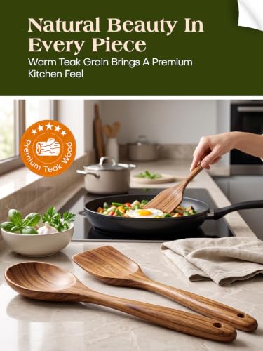 AIUHI 10 Pcs Wooden Spoons for Cooking, Teak Wooden Utensil Set for Nonstick Cookware, Wooden Kitchen Utensils Set with Whisk and Spaghetti Server