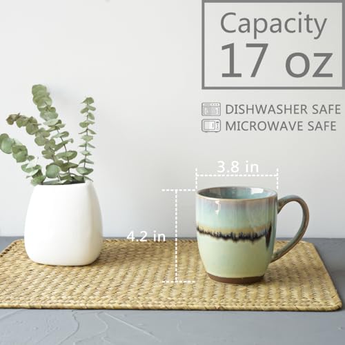 Bosmarlin Ceramic Coffee Mug Set of 4, 17 Oz, Coffee Cups with Big Handle, Microwave Safe, Unique Reactive Glaze (17 Oz, Turquoise Green Light) - color: Turquoise Green Light