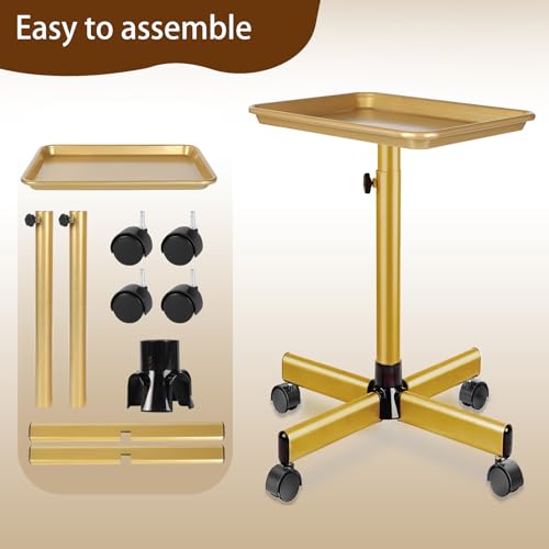 Salon Tray on Wheels, Rolling Tray with Adjustable Height, Metal Feet Salon Service Tray, Ideal Use As Tattoo Tray＆Dental Tray - color: Gold