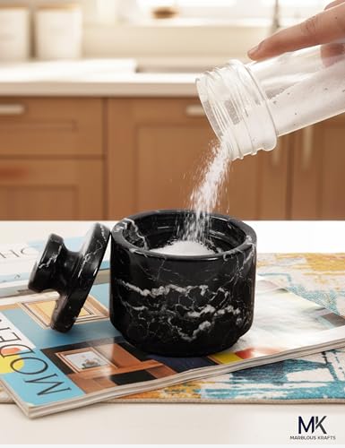 Marble Salt Cellar with Lid and Spoon 3" Black Zebra Flaky Salt, Seasoning Containers, Ideal Small Spices, Sugar Jars, kitchen accessories - color: Black