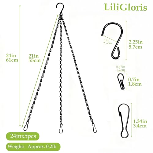 5 Pack 24 Inch Adjustable Hanging Plant Chains with Clips Hooks Black Metal Replacement Chains for Flower Pots Bird Feeders Baskets Lanterns Wind Chimes Indoor Outdoor Use（Locking Hook） - size: 24in