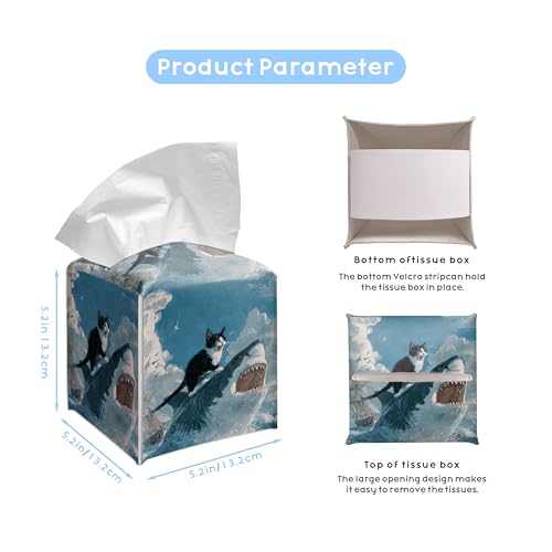 Funny Cat Shark Tissue Box Cover, 5.2 Inch PU Leather Square Holder | PU leather tissue box cover with funny cat shark design, hand-stitched detail, and removable liner for home or office. - color: Cat Shark