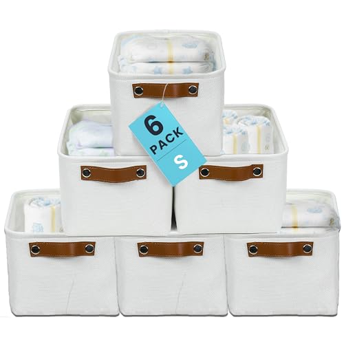 OrganiHaus 12x8in Canvas Storage Baskets, 6 Pack - Fabric Bins for Shelves | Vegan leather handles; a decorative pantry and office organizer, container for desk and books - color: Full Off-White, size: Small - 6pc